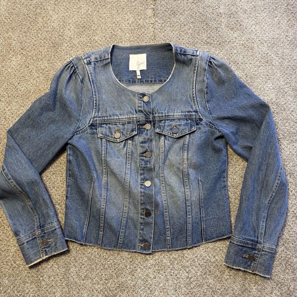 Joie Womens Denim Jacket Size Large L Puff Sleeve Collarless Feminine Boho Chic